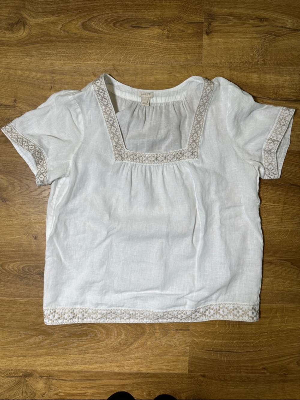 J. Crew White 100% Linen Square Neck Top with Embroidered Trim Size Small